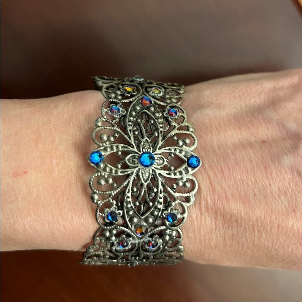 Antique Silver Tone Adjustable Bracelet w/ Iridescent Crystals